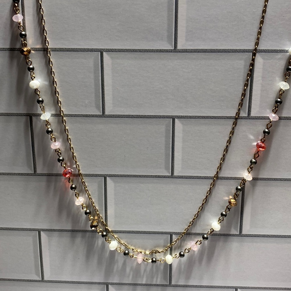 Charming Charlie’s dual chain clasp gold beaded necklace